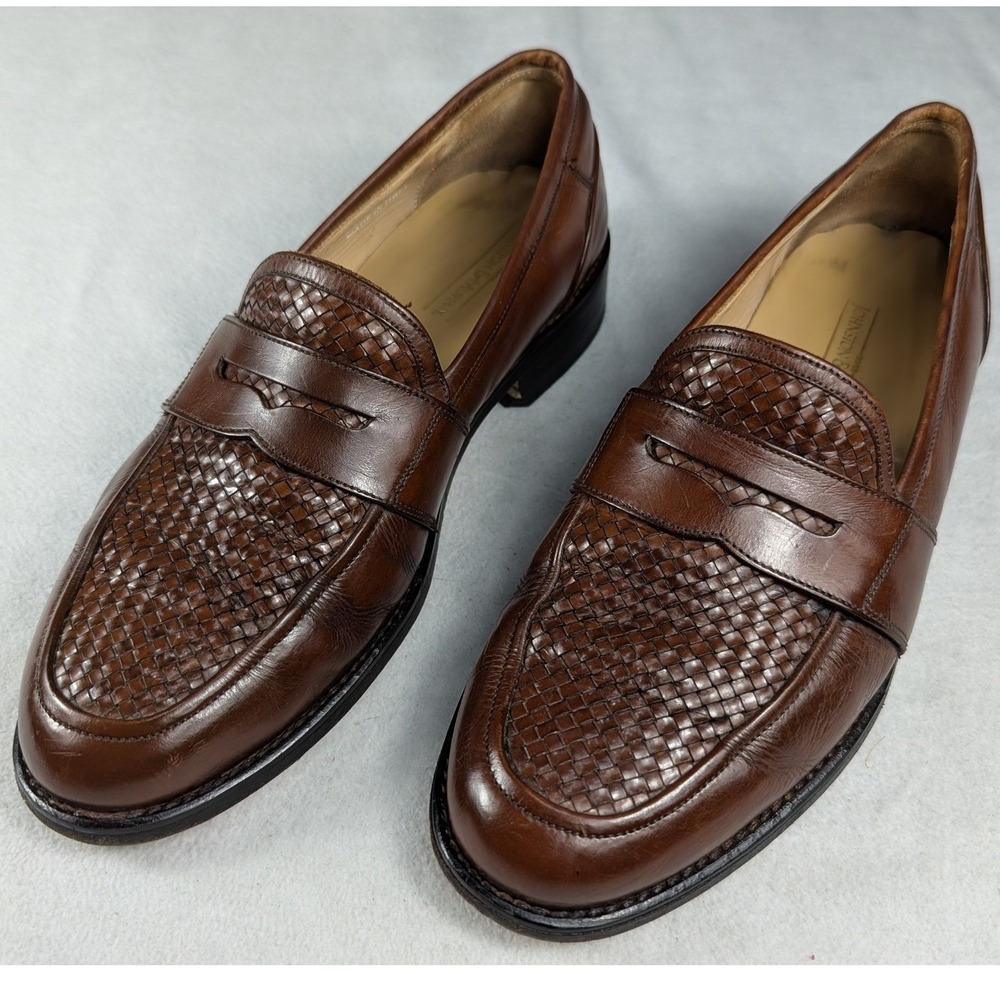 Johnston & Murphy Mens Brown Woven Leather Penny Loafers Made in Italy Size 8.5M